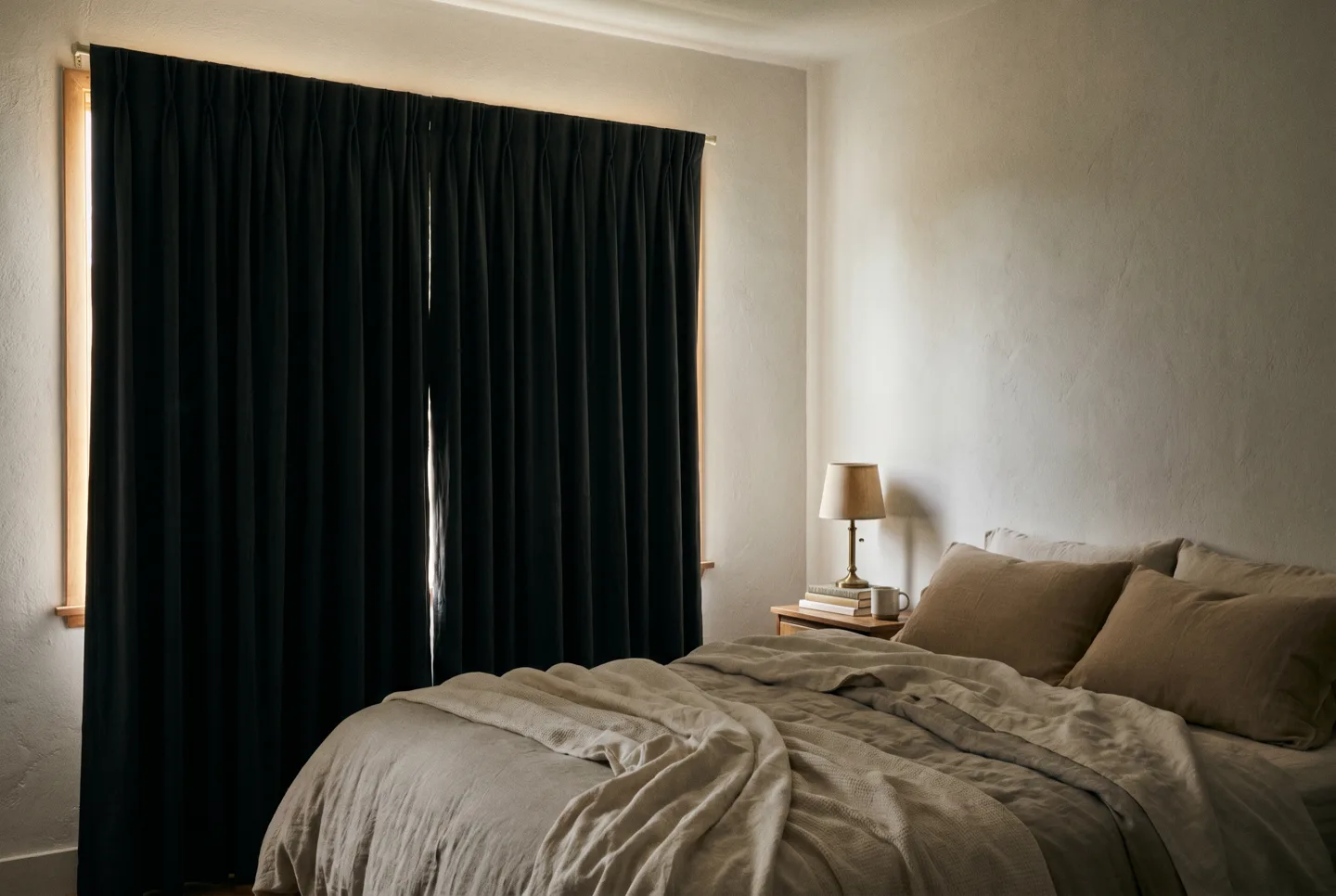 A bedroom at midday made dark by closed blockout lined drapes, only a soft rim of light at the edges