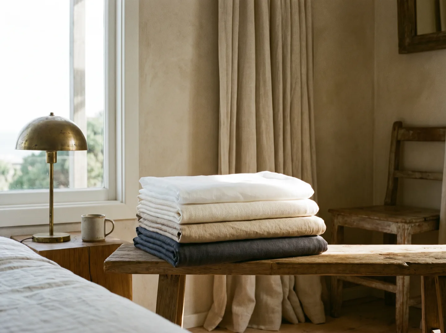 A folded stack of curtain fabrics ordered from sheer voile through to heavy blockout lined cloth