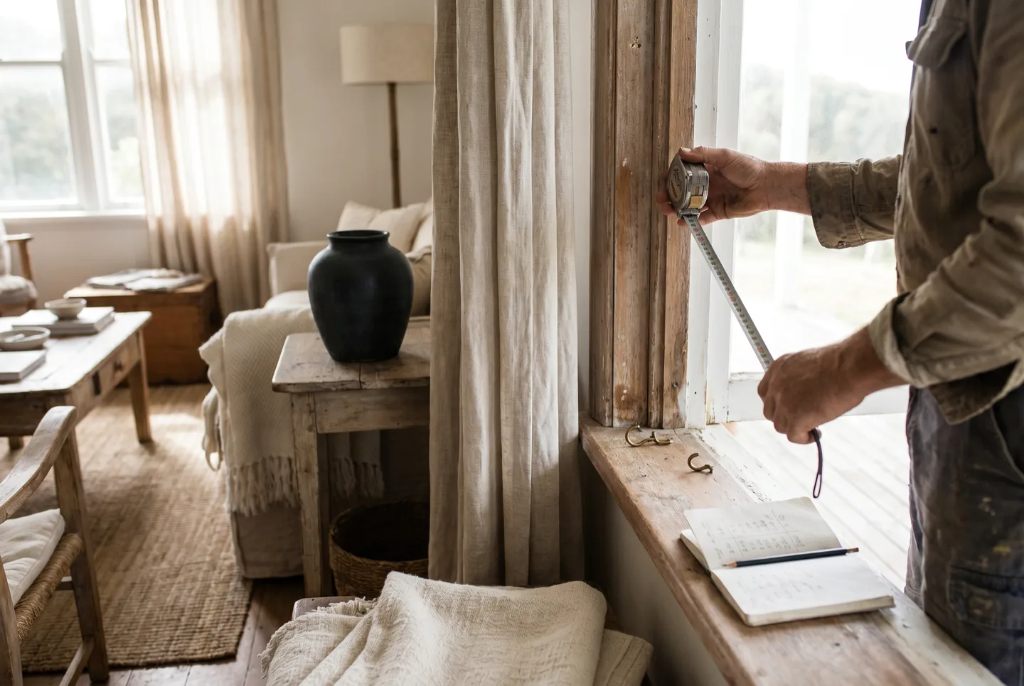 Measuring a window drop with a steel tape, pencil and notebook on the sill